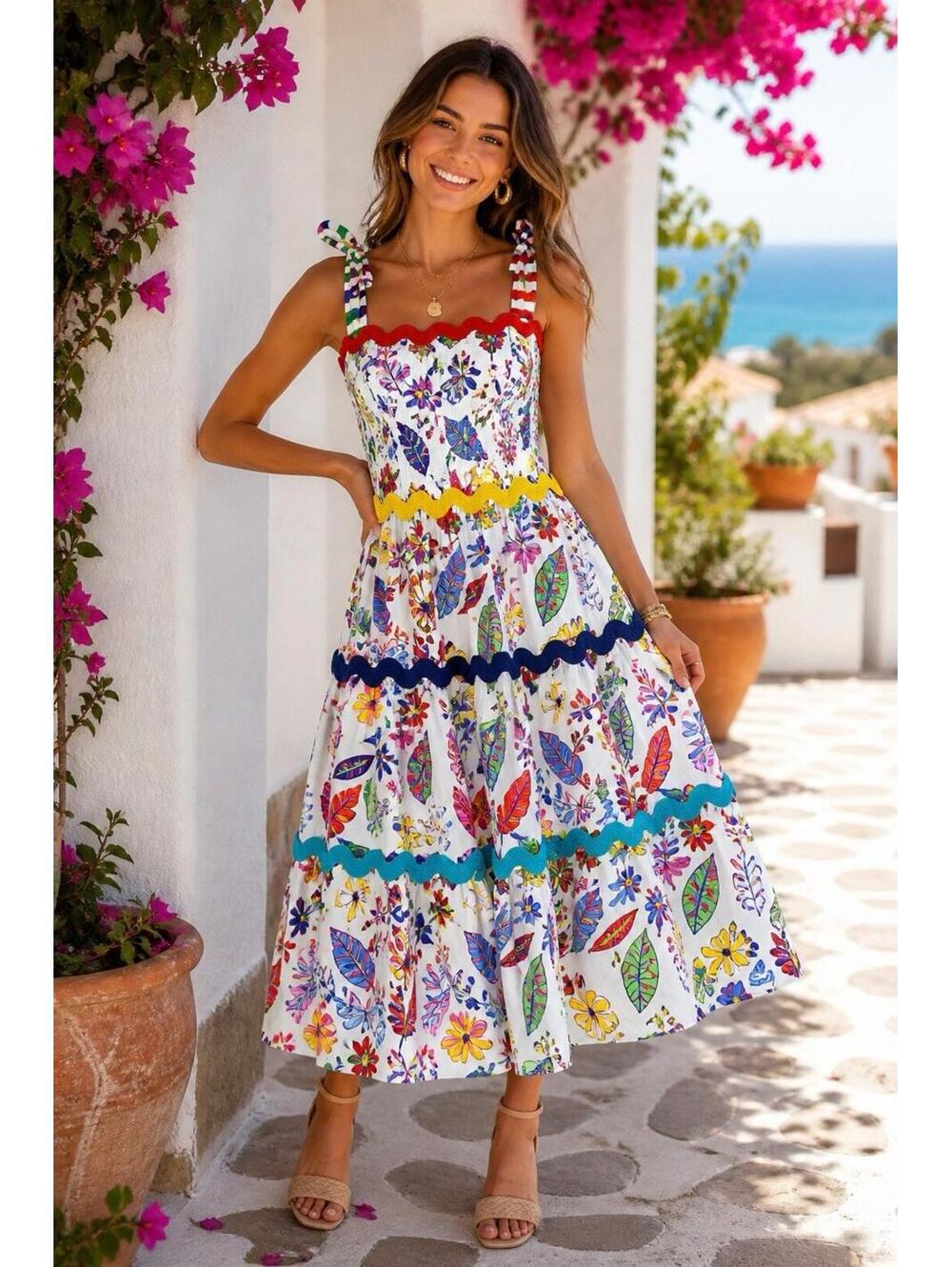 Ruthie & Esther Cecilia Dress M Colorful Sundress Tiered Tie Strap New With Tags